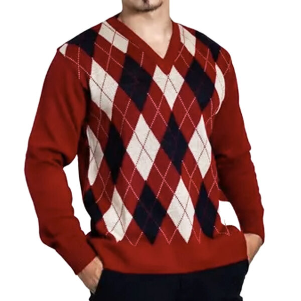 Suéter masculino vermelho de tricô, com o padrão escocês Argyle. Confeccionado em lã. Produto da Loja de Inverno.