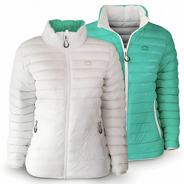 Jaqueta Goose Down Puffer, dupla face (reversível) na cor branco com verde, da Loja de Inverno.