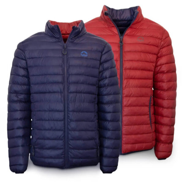 Jaqueta Goose Down Puffer, dupla face (reversível) na cor azul marinho com vermelho, da Loja de Inverno.