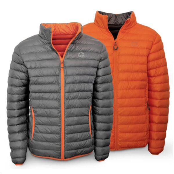 Jaqueta Goose Down Puffer, dupla face (reversível) na cor laranja com cinza, da Loja de Inverno.