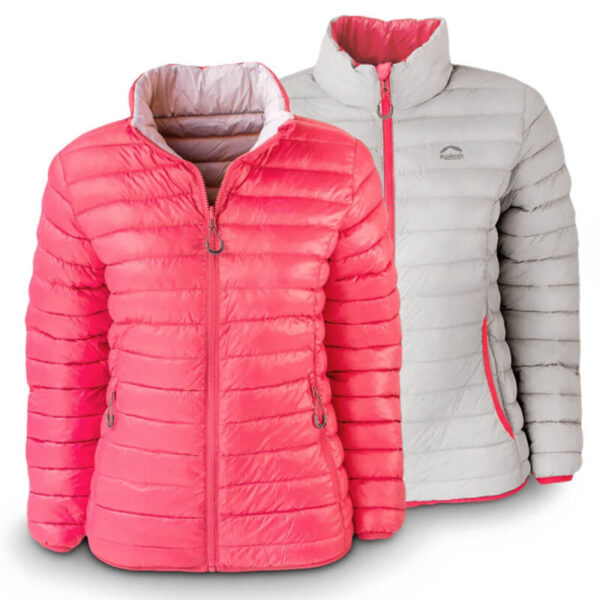 Jaqueta Goose Down Puffer, dupla face (reversível) na cor pink com prata, da Loja de Inverno.