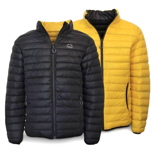 Jaqueta Goose Down Puffer, dupla face (reversível) na cor preto com amarelo, da Loja de Inverno.