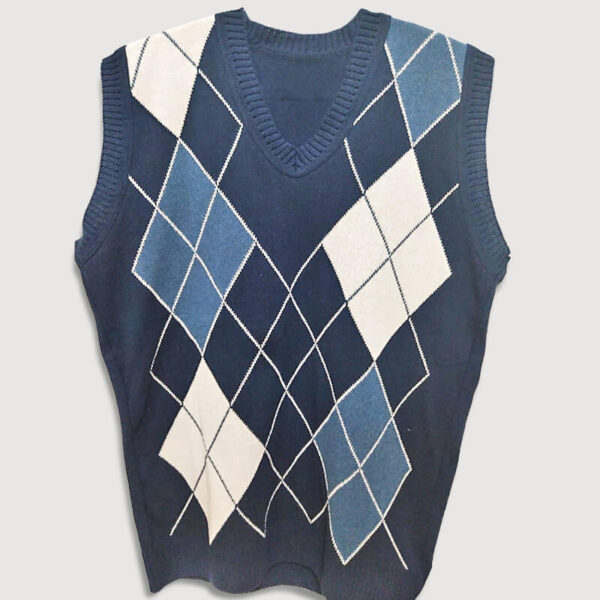 Colete masculino de tricô azul com losangos da Loja de Inverno.
