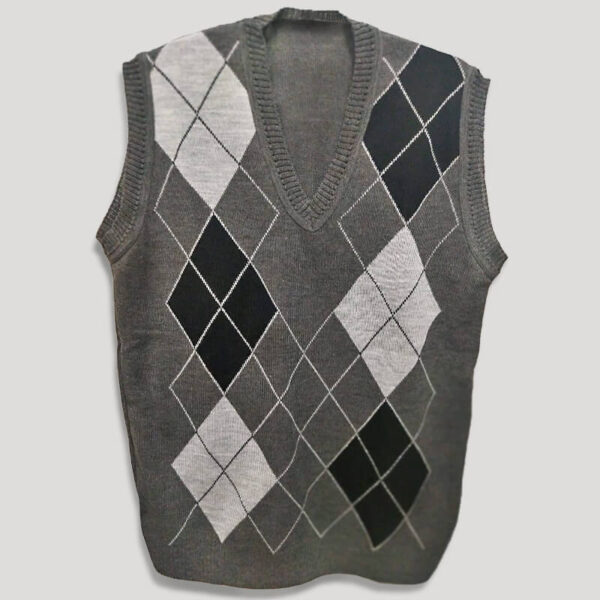 Colete masculino de tricô cinza com losangos da Loja de Inverno.