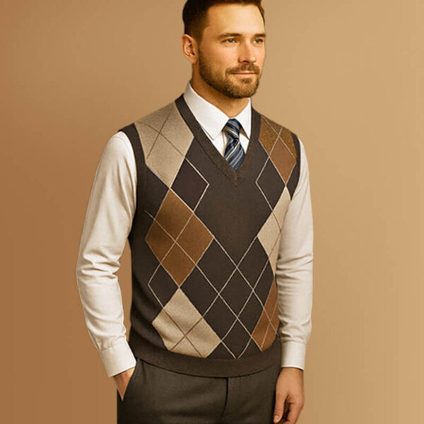 Colete masculino de tricô marrom com losangos da Loja de Inverno.