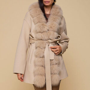 Manteau de lã com gola segmentada de renard removível