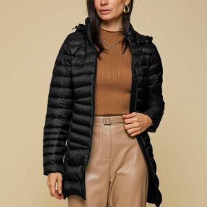 Casaco 7/8 de pluma – pesponto horizontal e diagonal